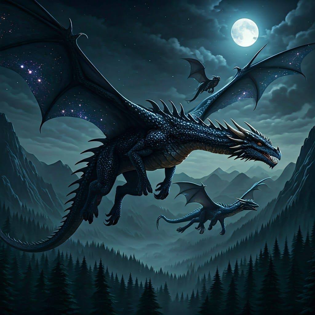 Majestic Dragon Soars Under Starlight