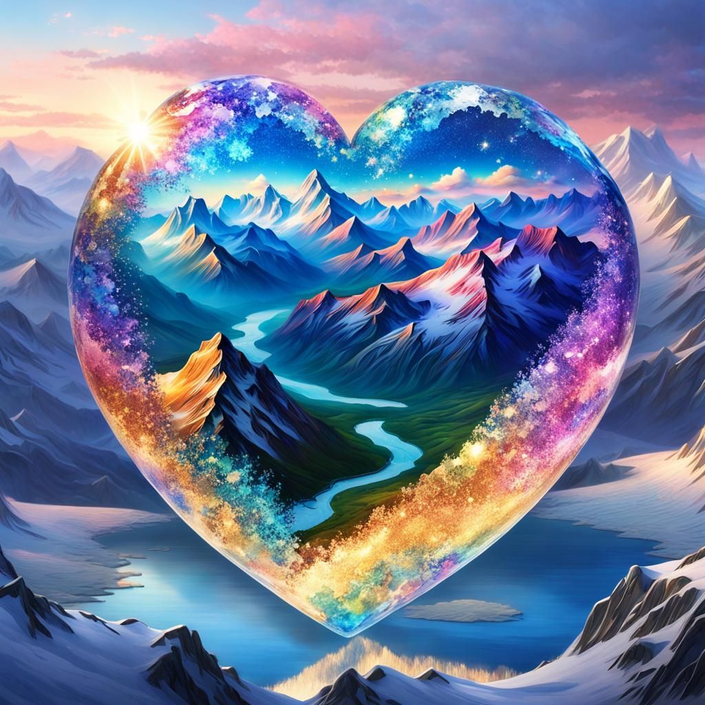 Glittering Love Heart with Mountain Range, 3D Render