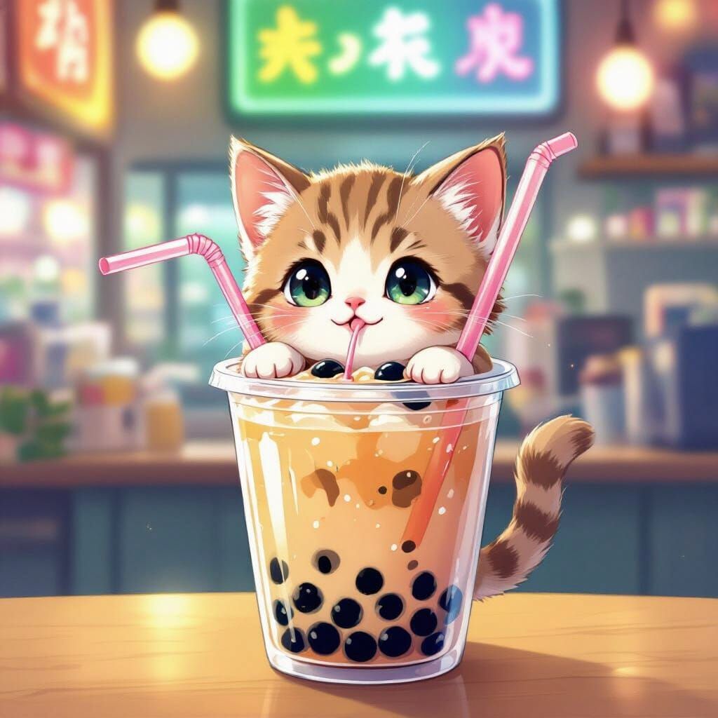 Kitten Sipping Bubble Tea in Anime Style
