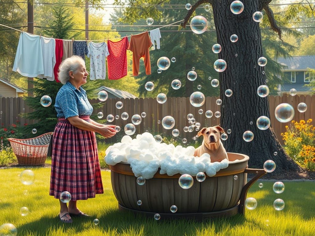 Whimsical Candyland Scene of a Woman and Dog in a Bubbly Yar...