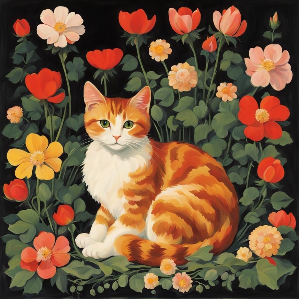 Cute Cat Surrounded by Flowers in a Modern Art Style
