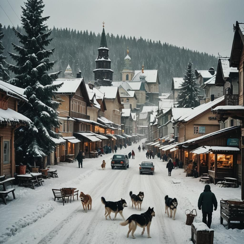 Picturesque Snow-Covered Russian Town Scene