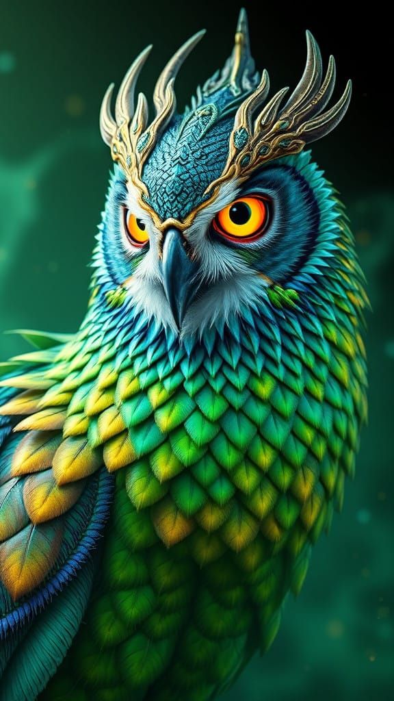 Majestic Iridescent Owl-Quetzalcoatl in Digital Hyper-Realis...
