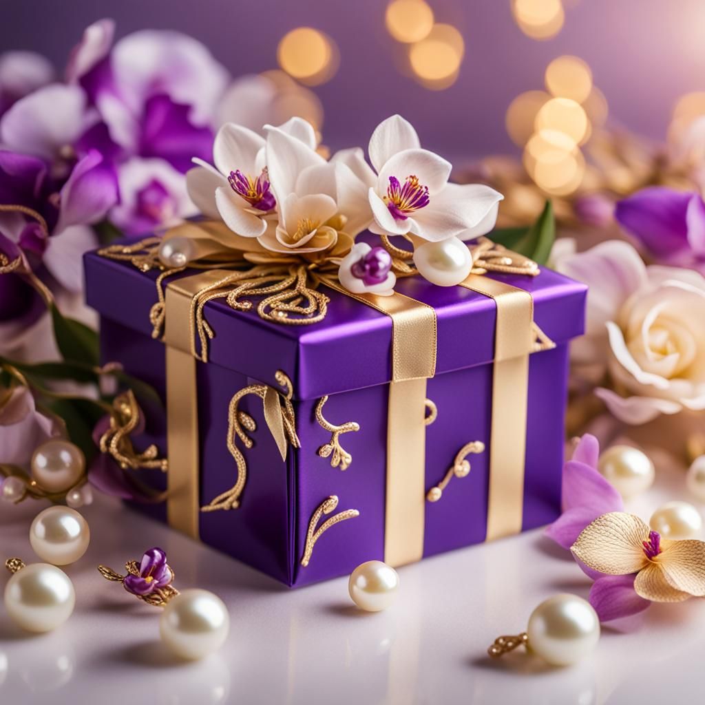 Gold and Purple Wedding Gift Box with Porcelain Flowers