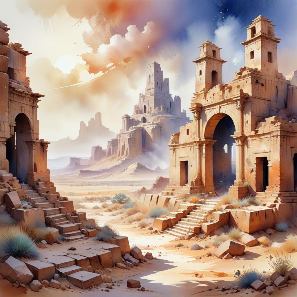 Fantasy Desert Landscape with Ancient Ruins in Watercolour S...