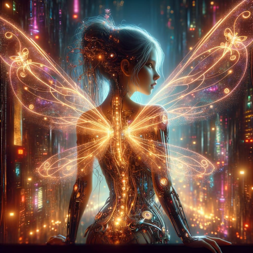 Cybernetic Fairy with Neon Wings in Future City