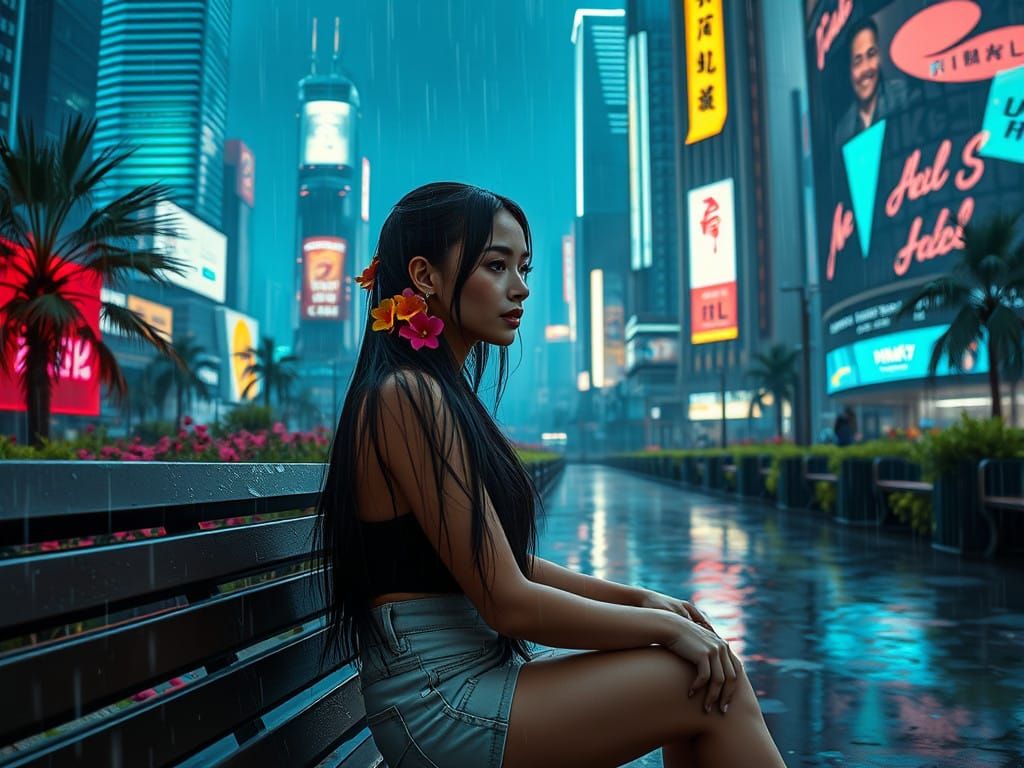 Futuristic Woman Finds Serenity in Rainy Dystopian Park Scen...
