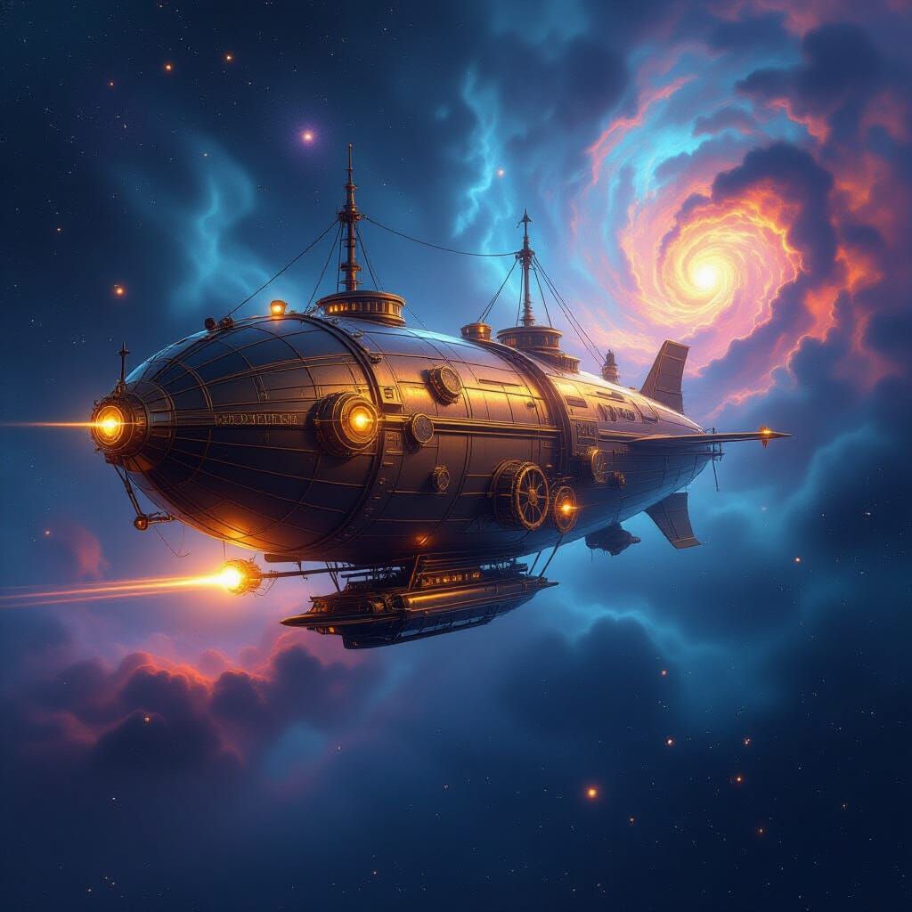 Majestic Steampunk Airship in Cosmic Nebula