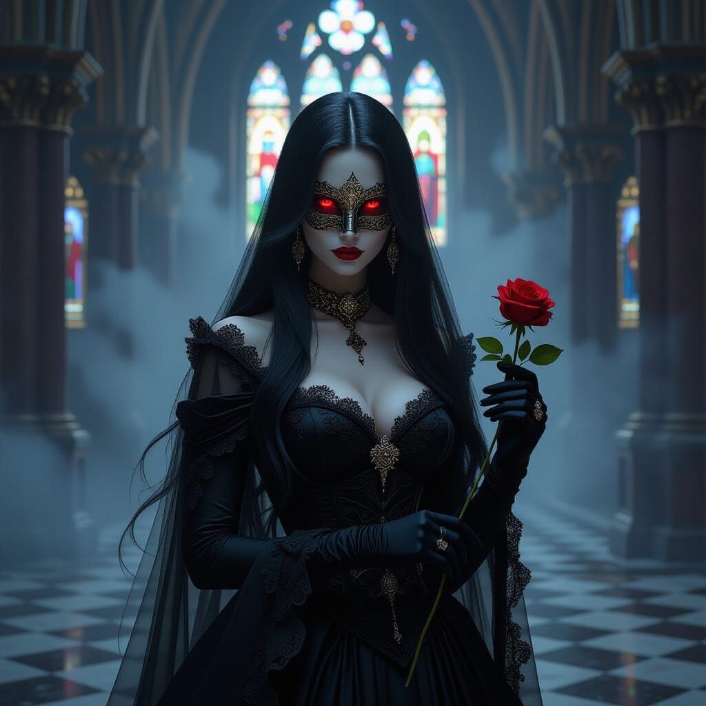 Mysterious Woman in Gothic Cathedral with Venetian Mask