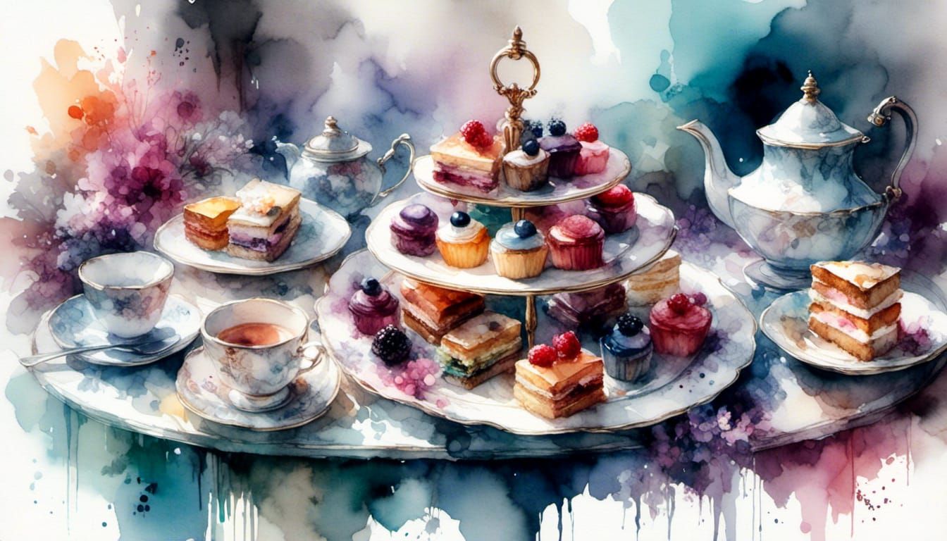 English Afternoon Tea in Watercolor Style