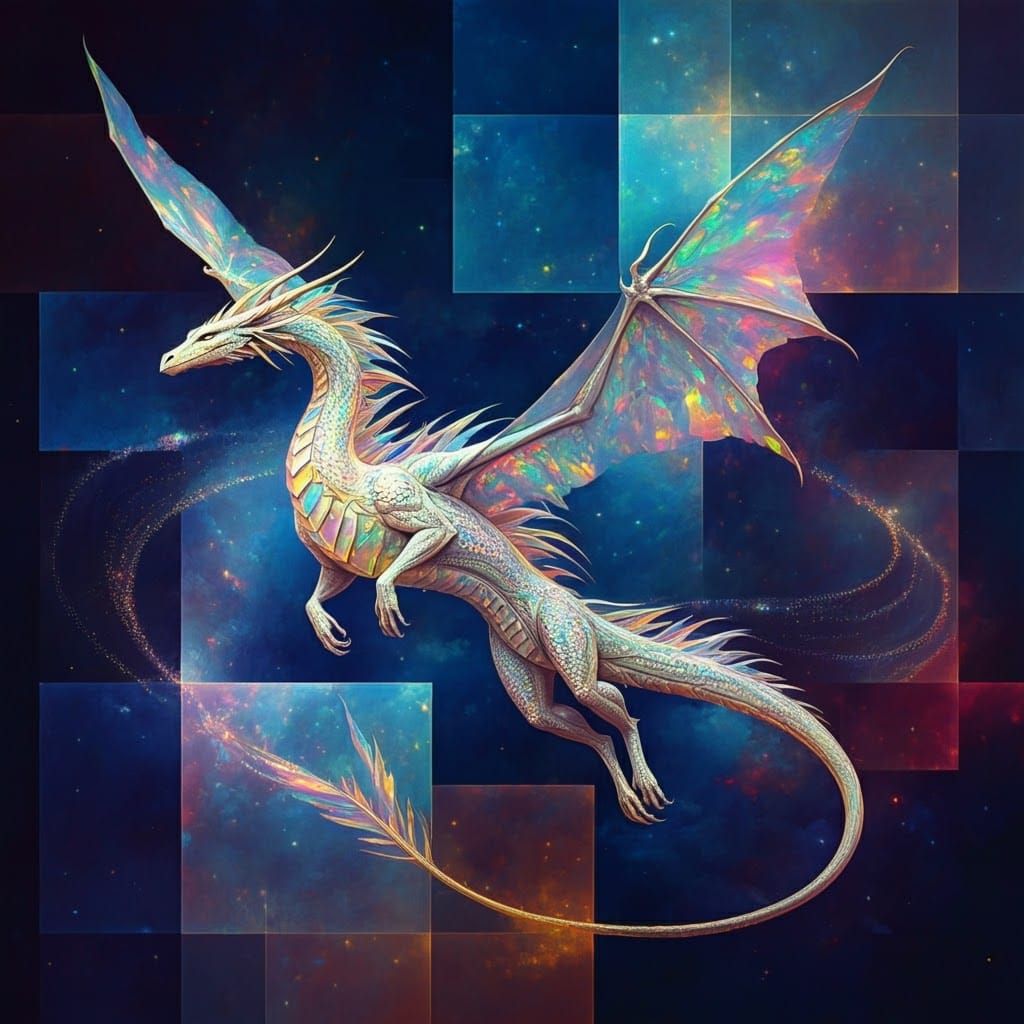 Majestic Iridescent Dragon Soars through Cosmic Vortex