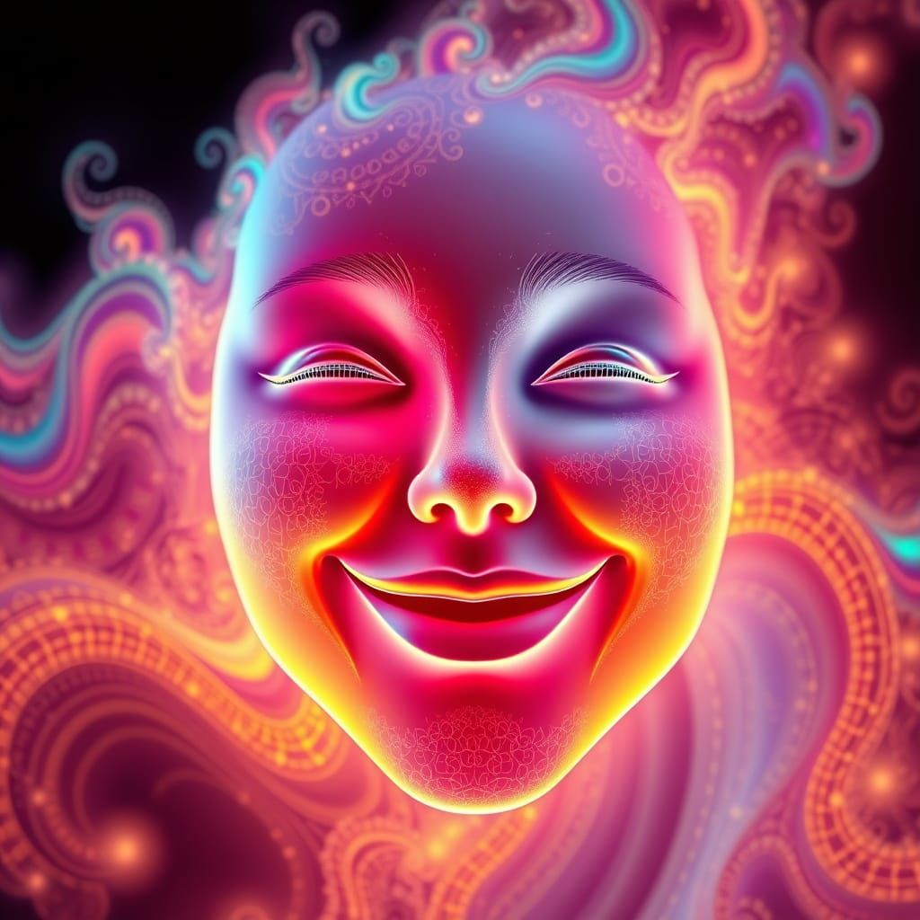 Glowing Fractal Face with Gentle Smile in Vector Style