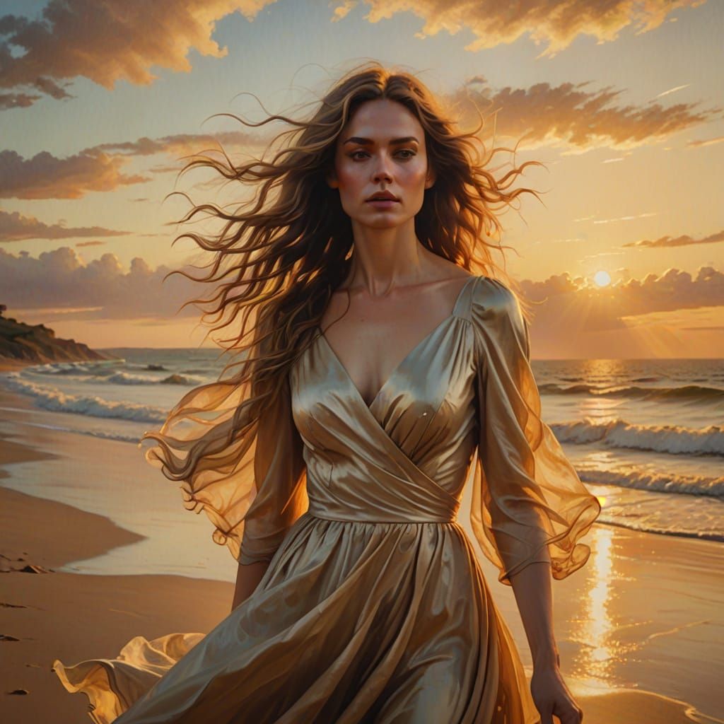 Dreamlike Woman on Beach as Surrealist Oil Painting