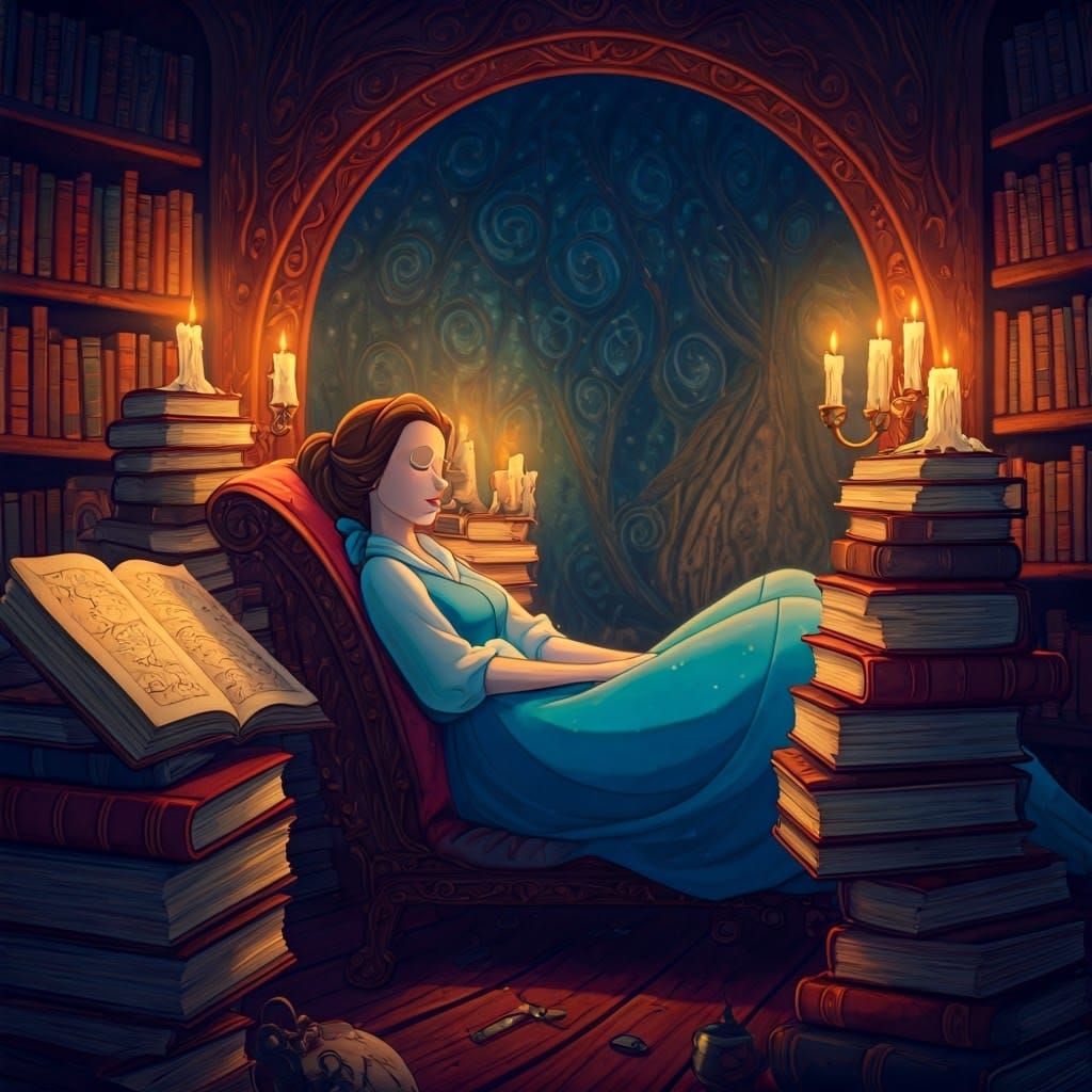 Belle in Dreamlike Library: Whimsical Storybook Illustration