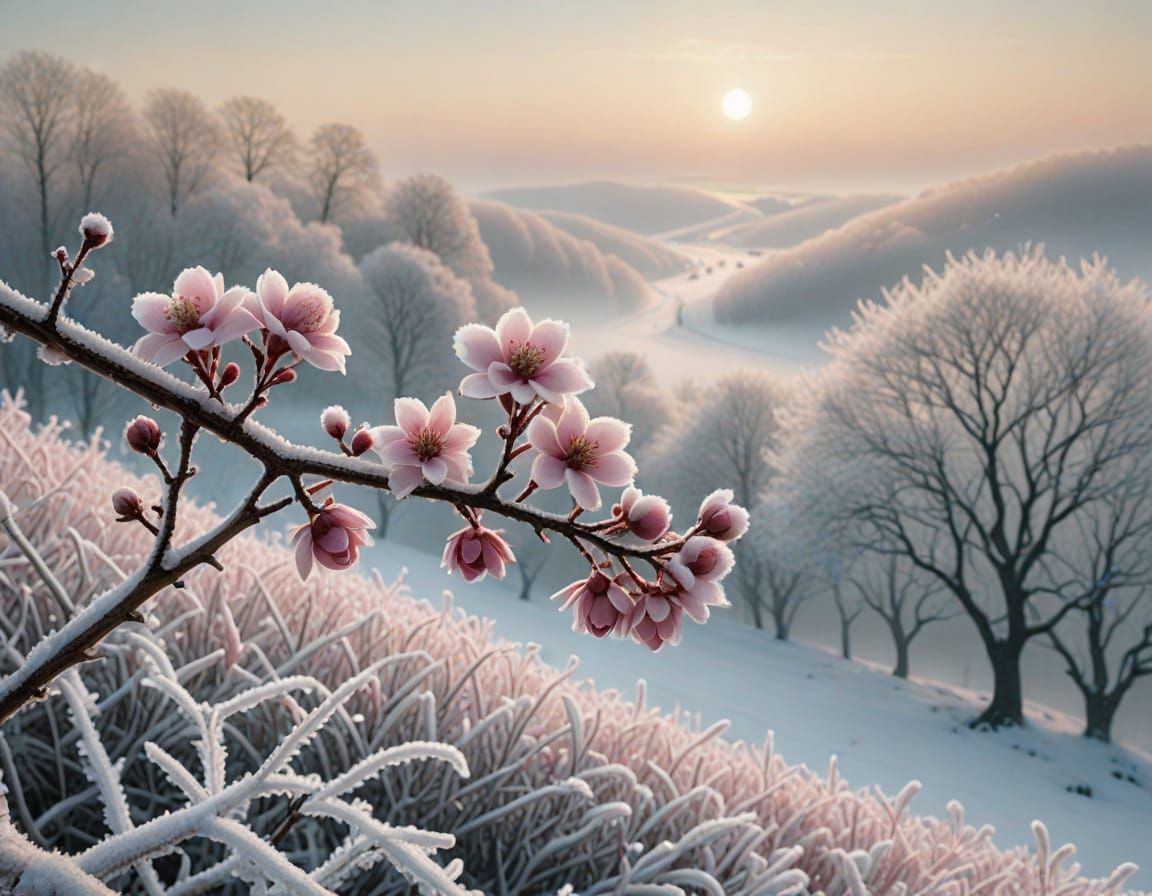 Frosty Pink Flowers in Misty Winter Landscape