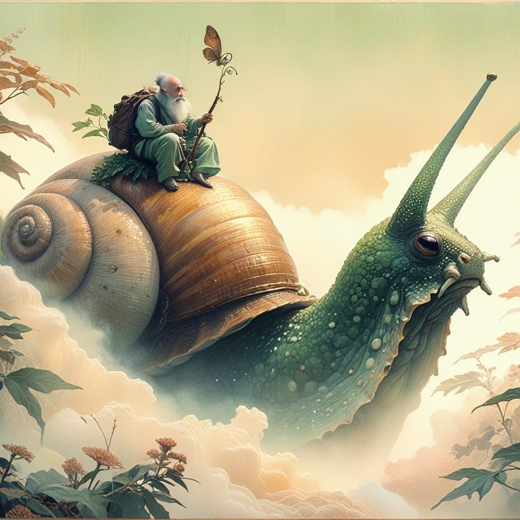 Surreal Ukiyo-e Style Print of a Gremlin Riding a Giant Snai...