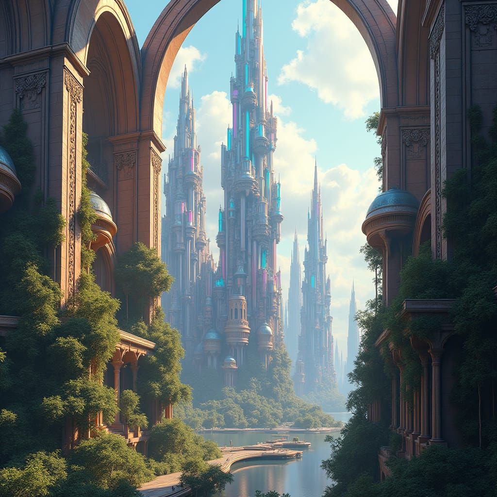 Futuristic Art Nouveau Cityscape with Iridescent Skyscrapers