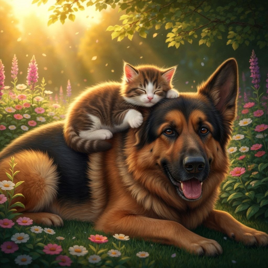 Kitten Sleeps on German Shepherd in Sunny Garden