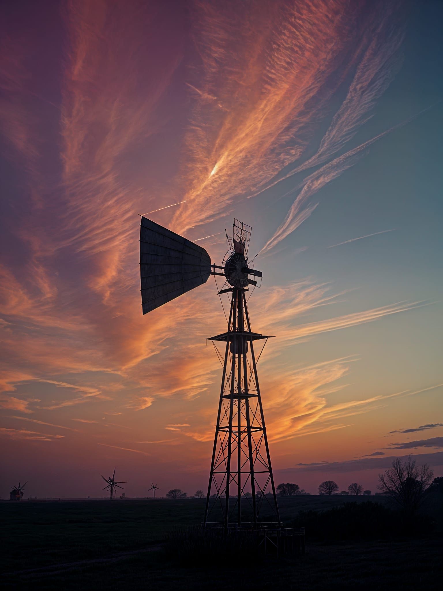 Windmill Against Vivid Multihued Sunset Sky