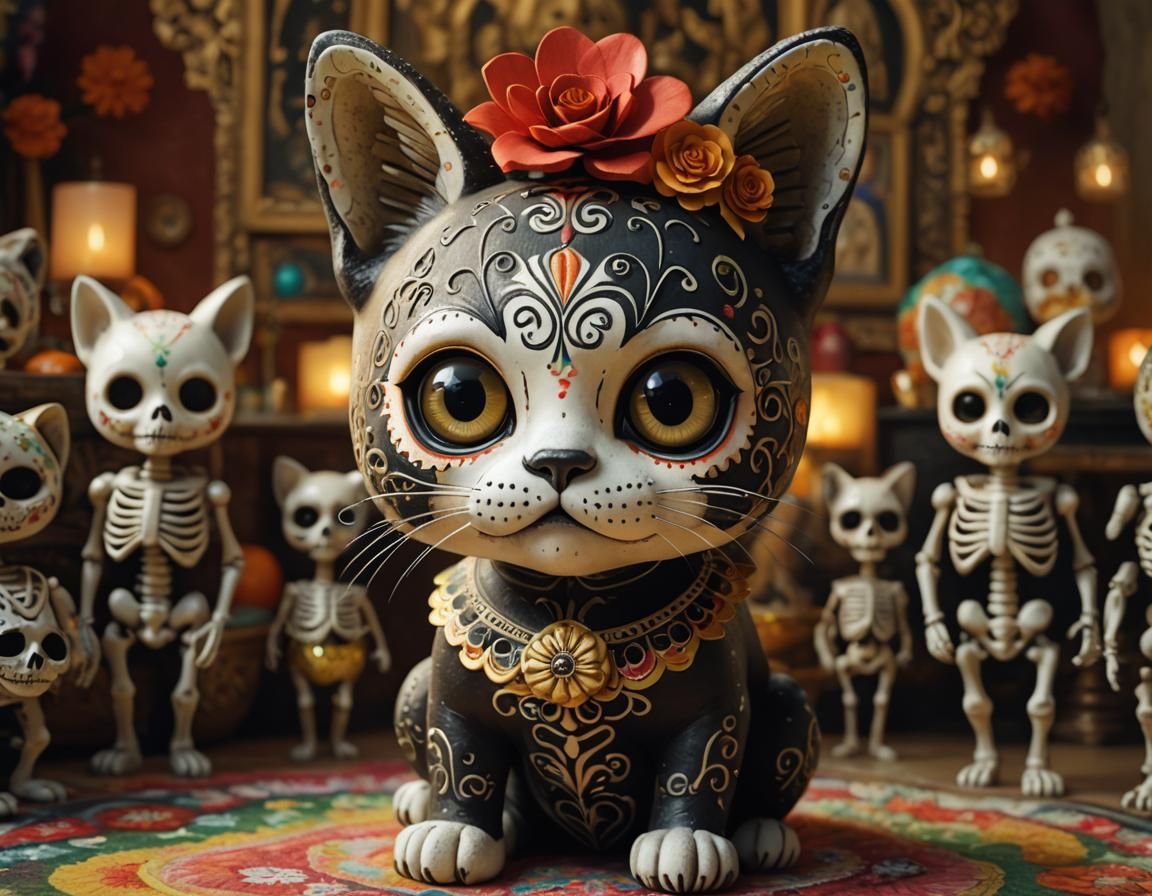 Chibi Catrina Cat in Dia de Muertos Fantasy