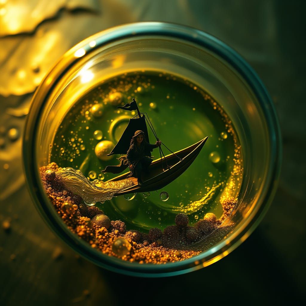 Pirate Ship on Liquid Gold Ocean in a Bottle