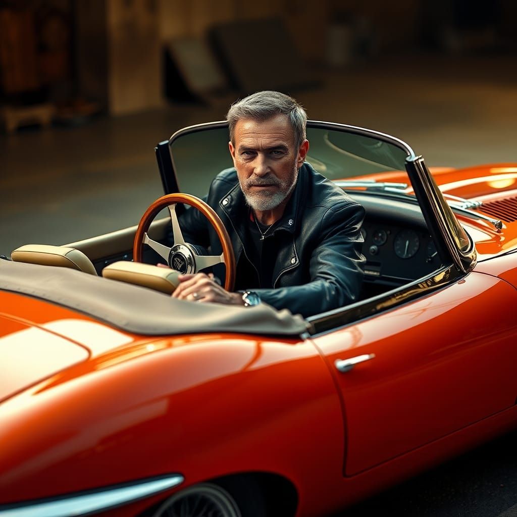 Vintage Jaguar E-Type With Rugged Driver