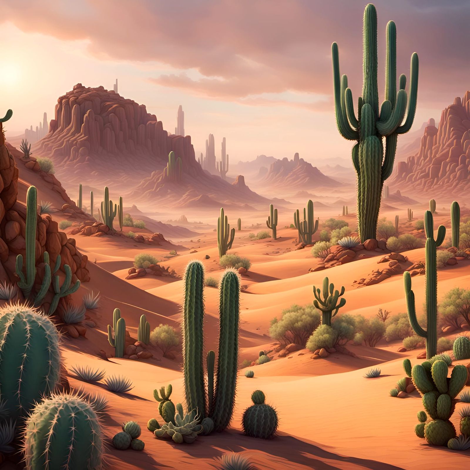 Bobcat in Desert Cactus Garden: Matte Painting