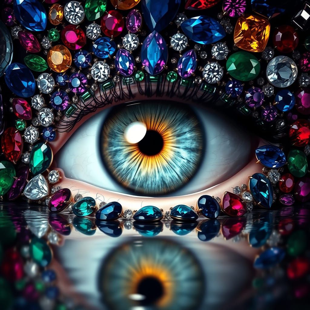 Luxurious Eye Surrounded by Jewels in Photojournalistic Styl...