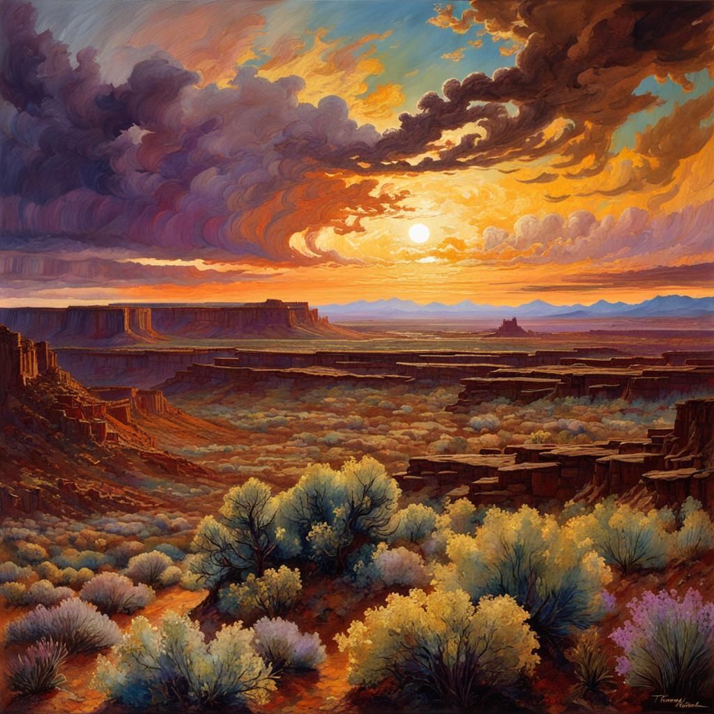 Fine Art Mosaic, sage green, brown, lavender, dirty yellow : backlit by radiating sunrays, billowing clouds : majest...