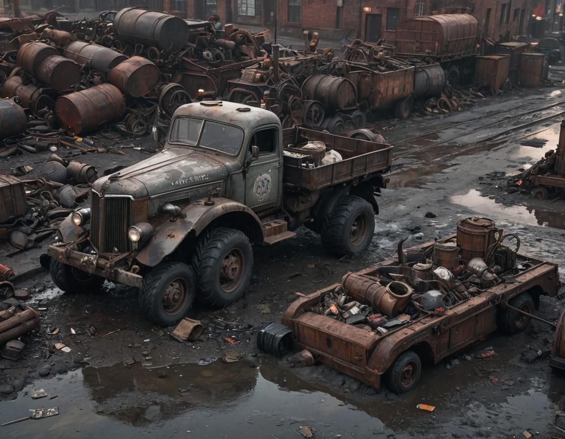 Dieselpunk 1940s Truck in Grim Industrial City