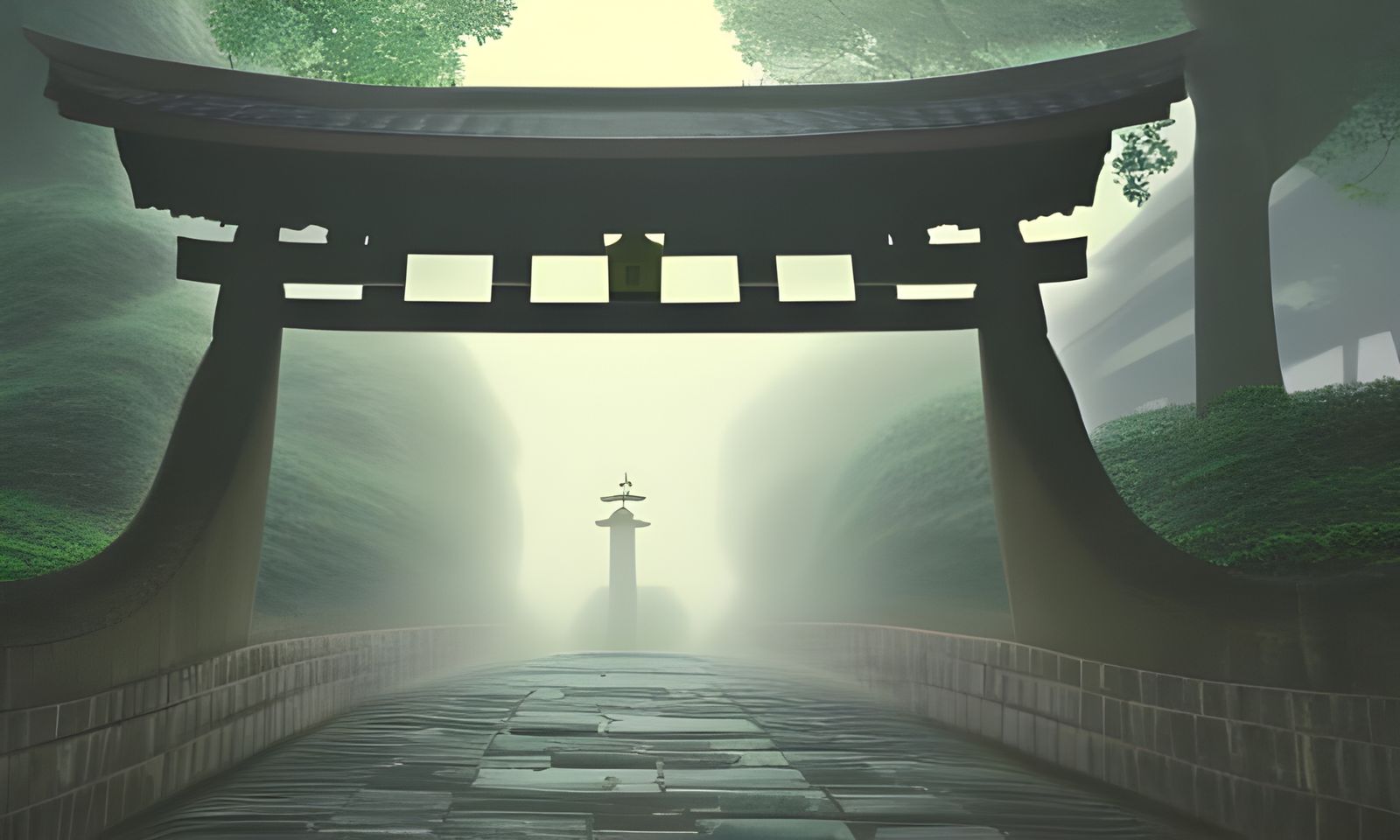 Peaceful Cobblestone Pathway  Giant Japanese Torii Gate Misty Drizzling Dawn.