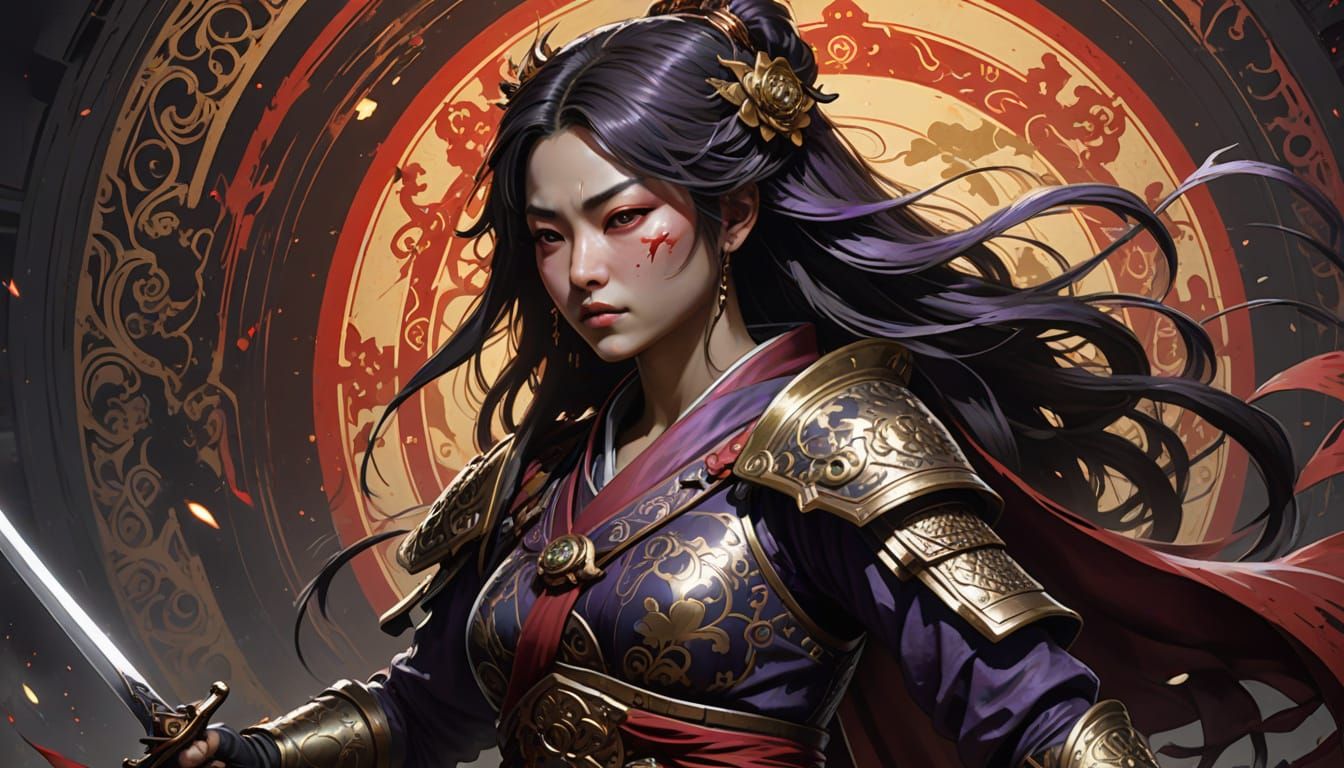 Tomoe Gozen Decapitates Enemy in Sumi-e Style