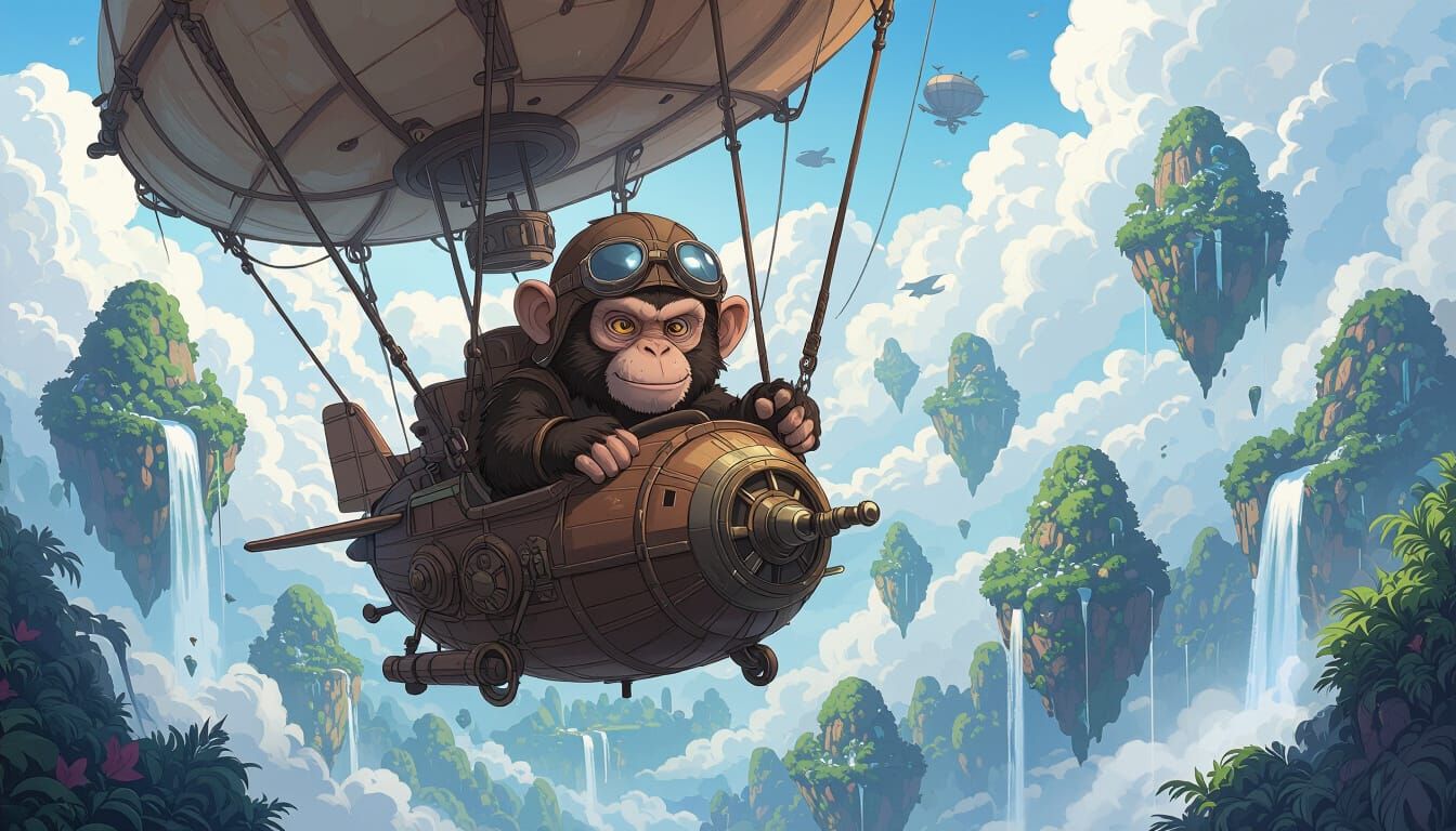 Steampunk Airship Piloted By Monkey Crew Amidst Floating Isl...