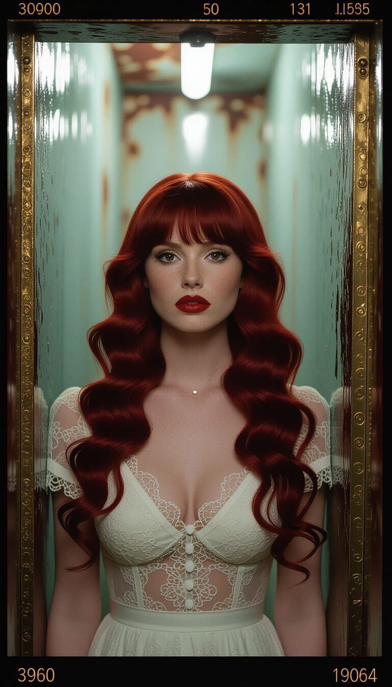 Cinematic Woman in Rusted Alley with Brass Details