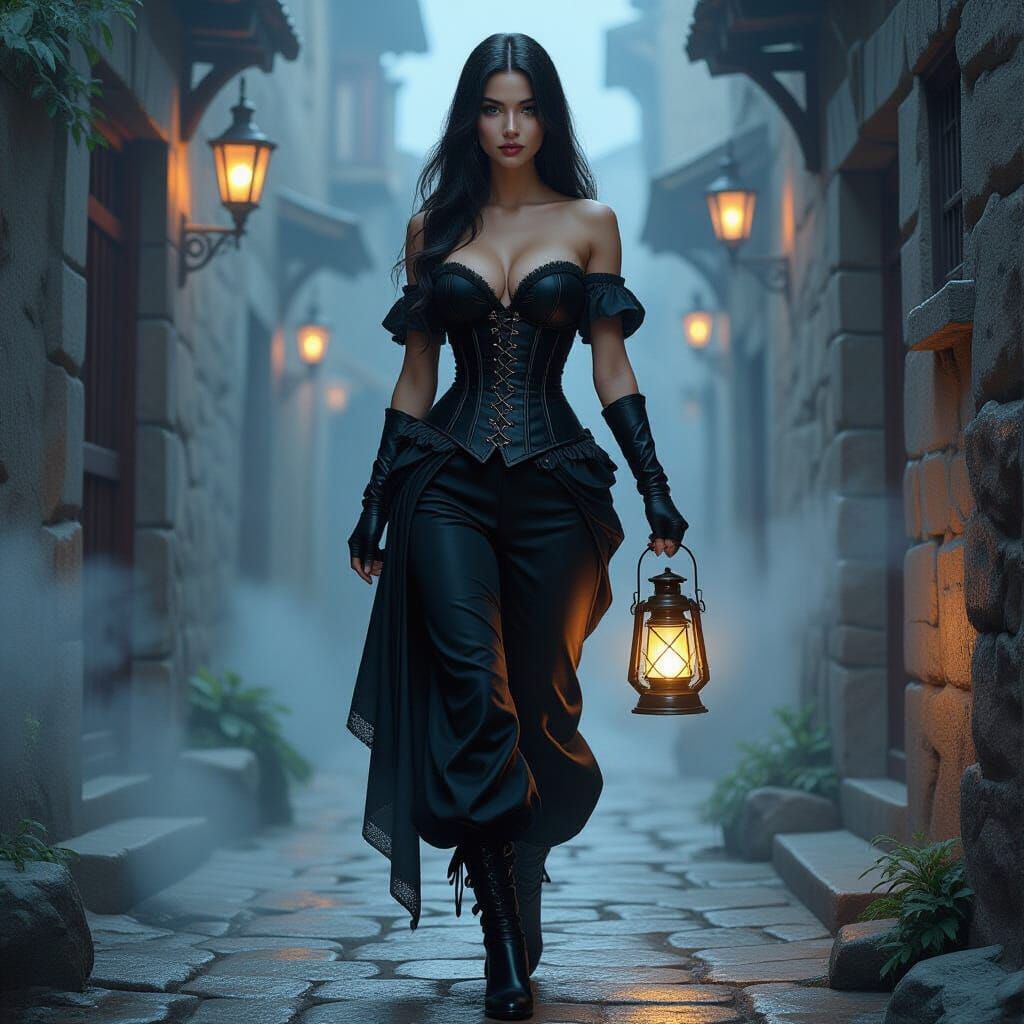 Elf in Misty Alleyway, Fantasy Oil Painting