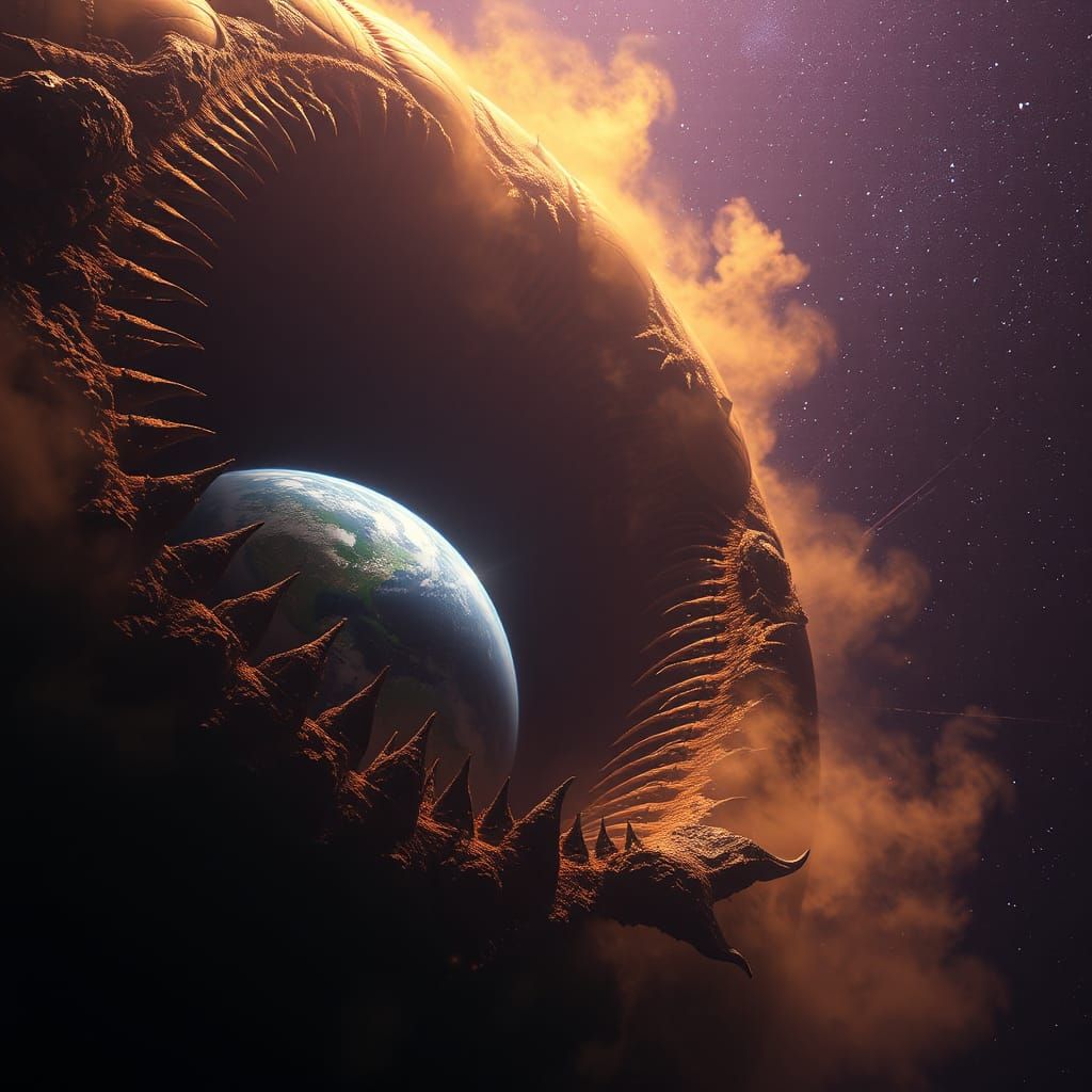 Planet Earth Captured by Space Worm: Dark Fantasy Art