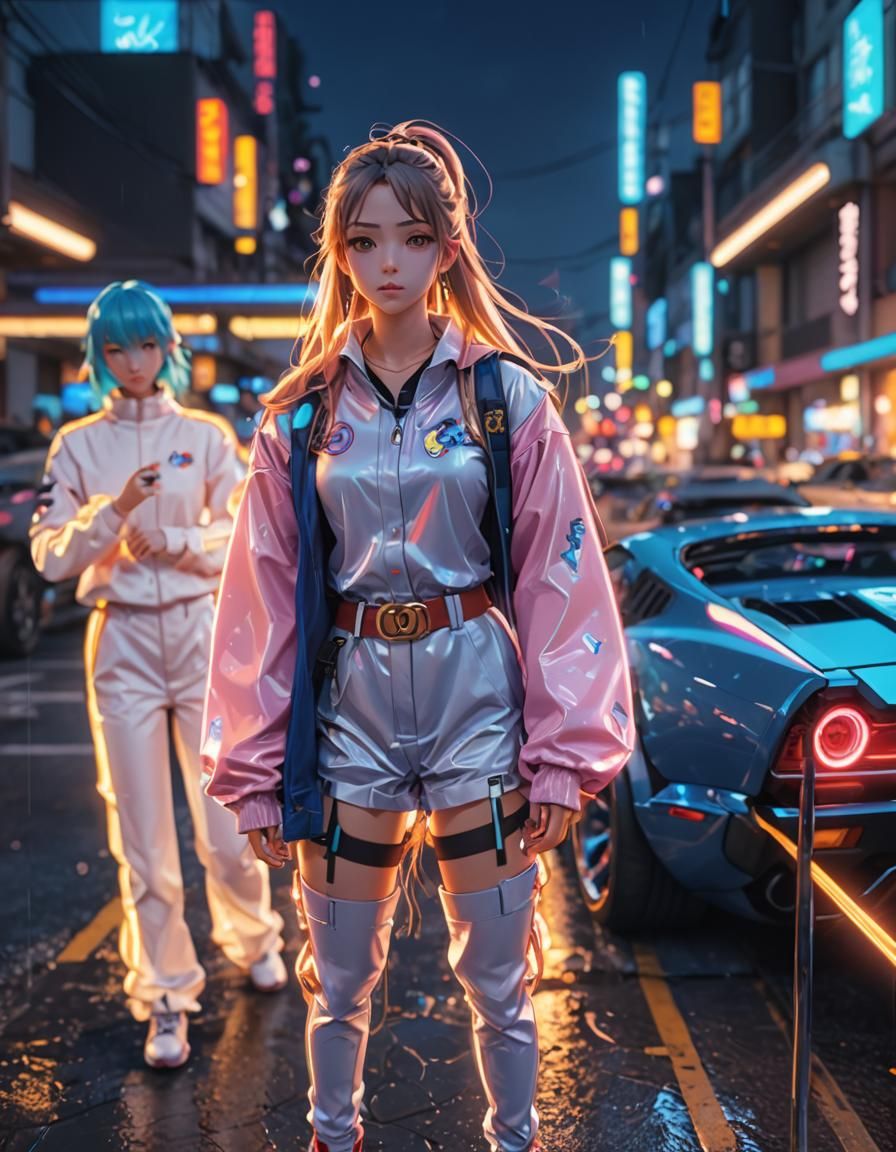 Anime Girl in Cityscape with Blue Car, 3D Art
