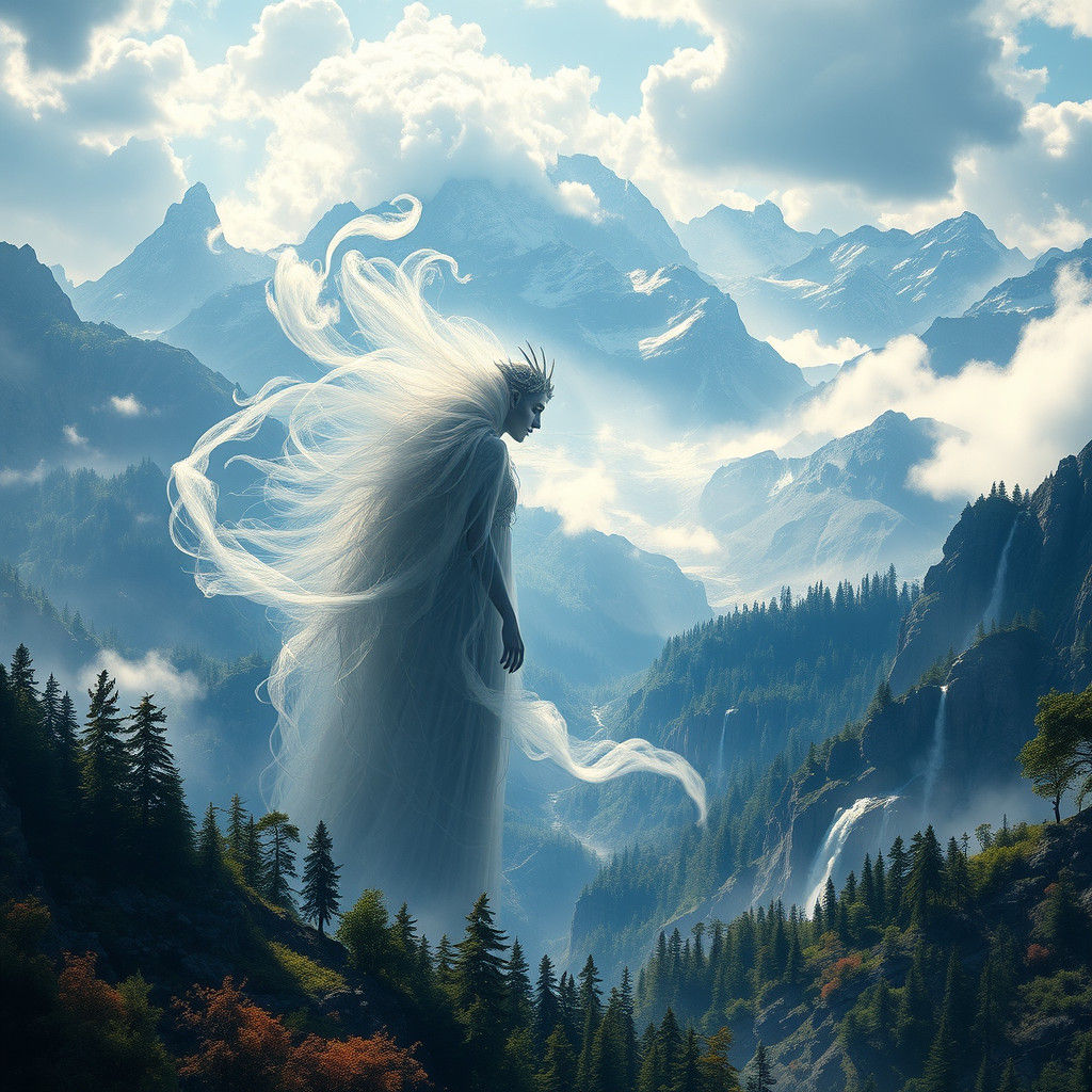 Ethereal Mountain Spirit in Dreamlike Landscape