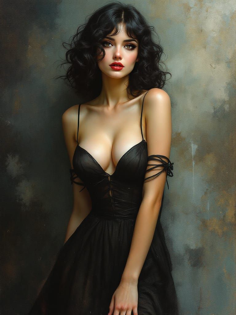 Pin-Up Woman with Dark Curls and Amber Eyes in Tonalist Styl...