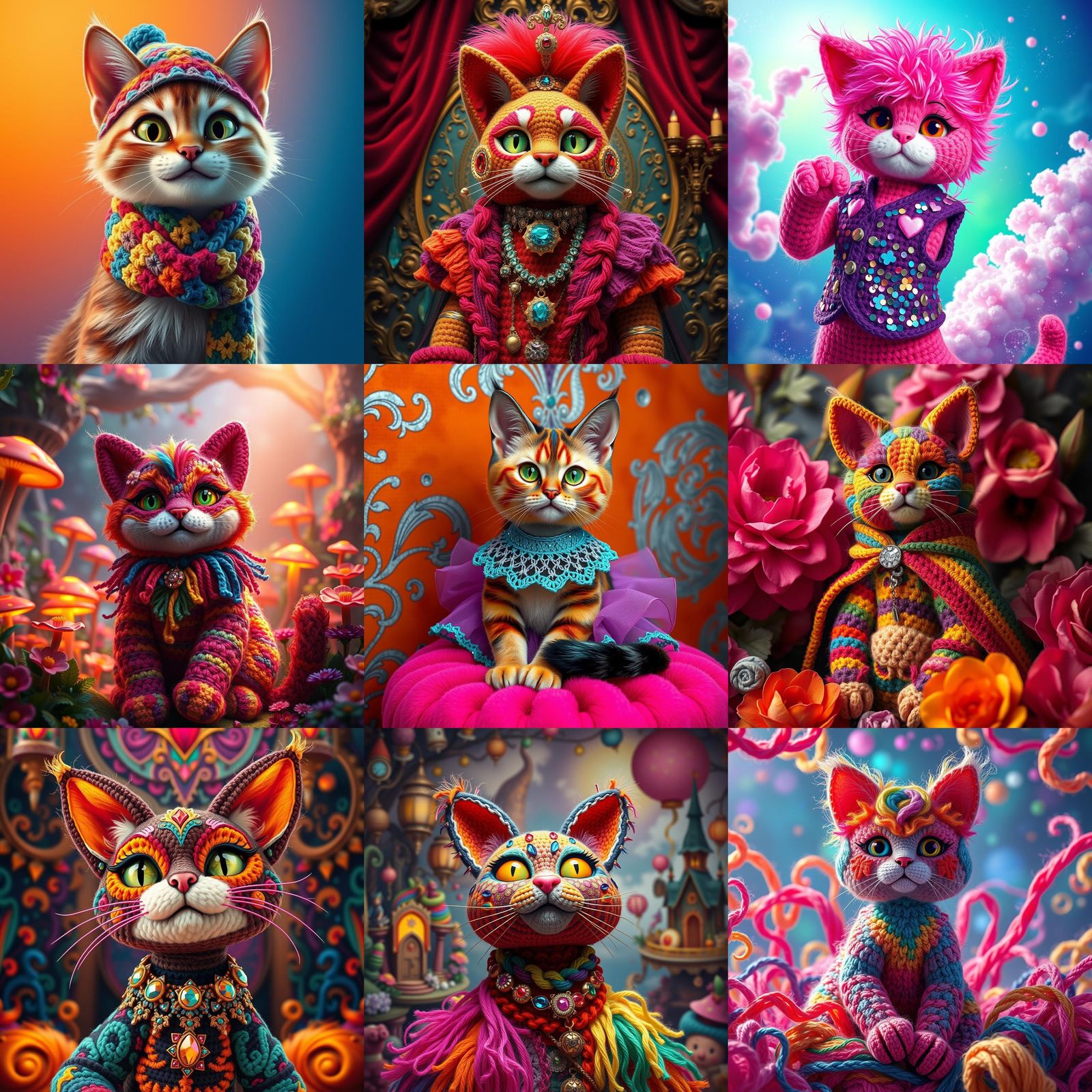 Rainbow Crochet Cat: Detailed Fantasy Art