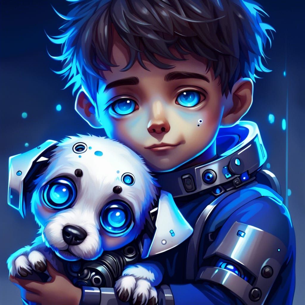 Boy Cuddles Futuristic Robot Puppy in Hyperreal Style