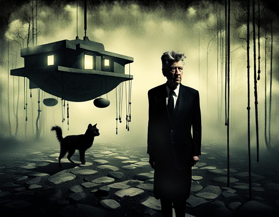 David Lynch and a Black Cat in Surreal Setting