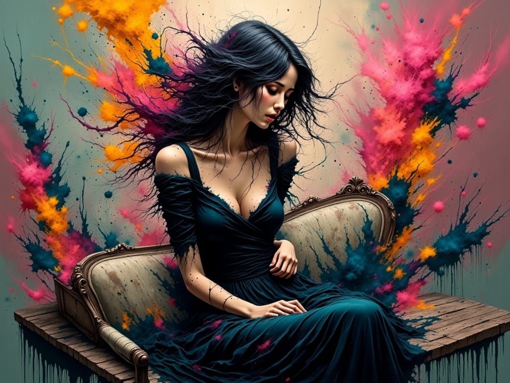 Embracing Depression: Woman in Black Street Art Scene