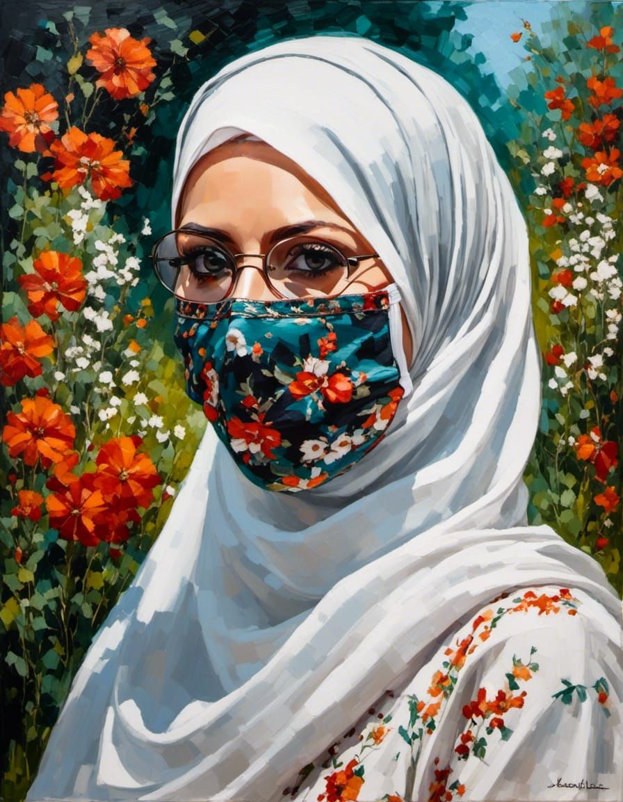 Mystic Garden: Hijabi Woman Portrait in Oil Painting