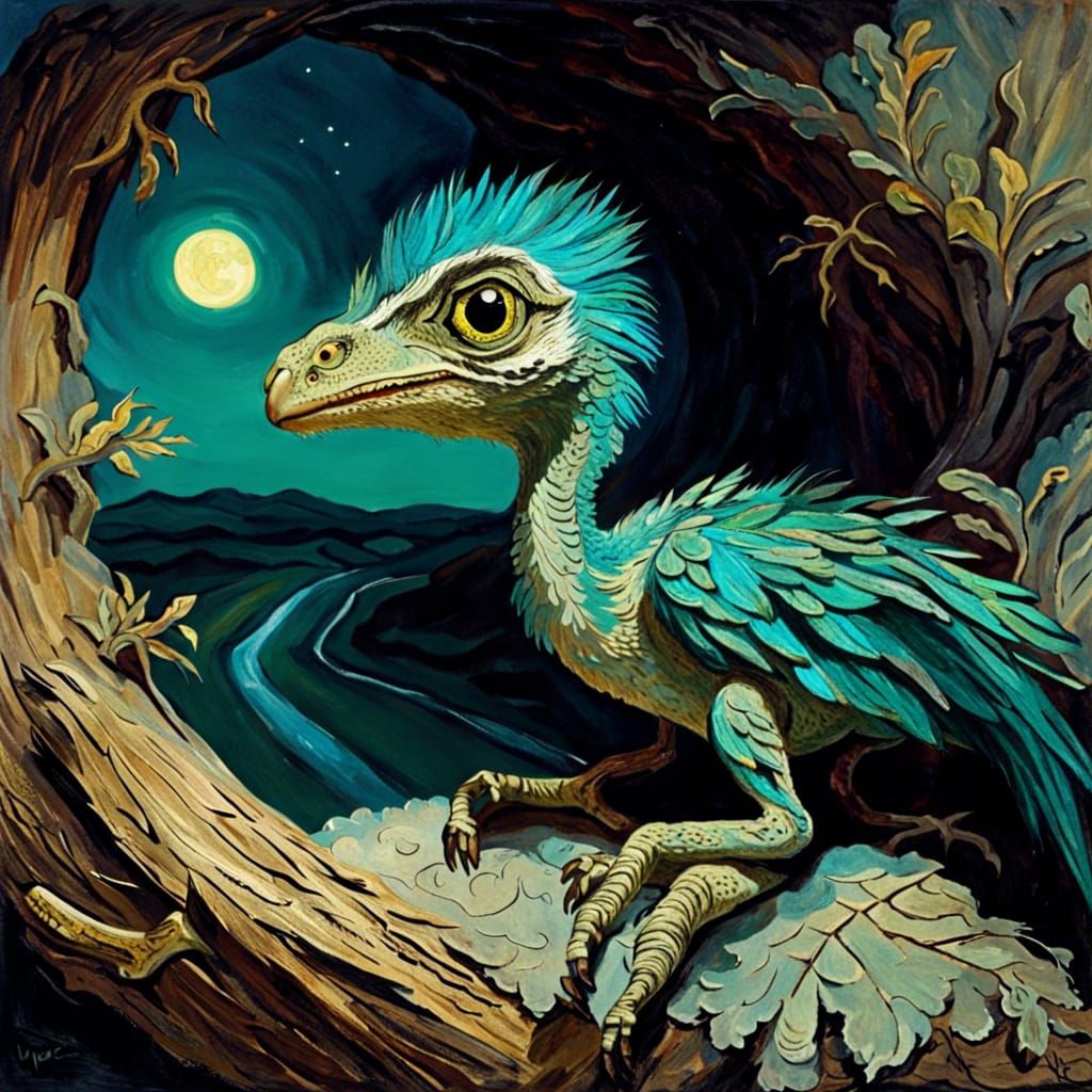 a (quirky:1.4) adorable feathered young velociraptor, (big turquoise googly eyes realistic intricately detailed:1.3), in...
