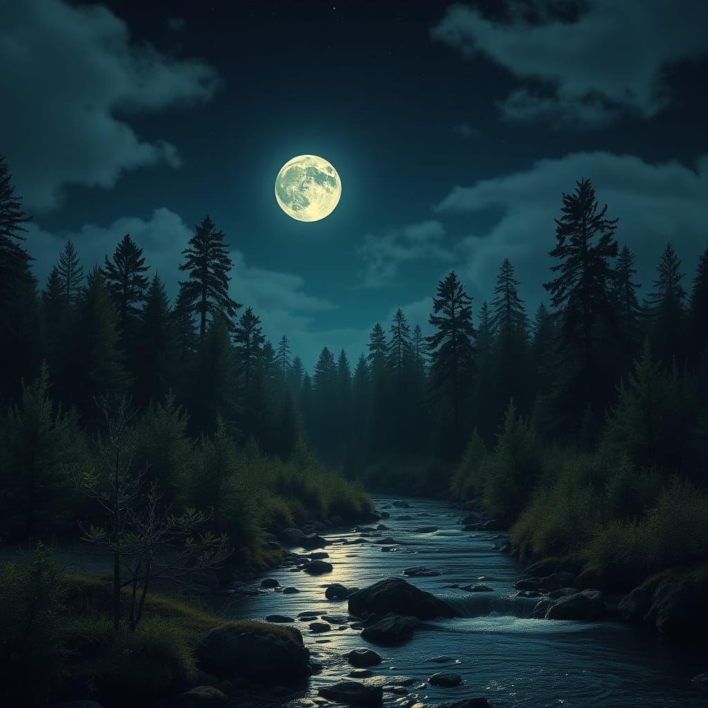 Moonlit Forest Stream at Night
