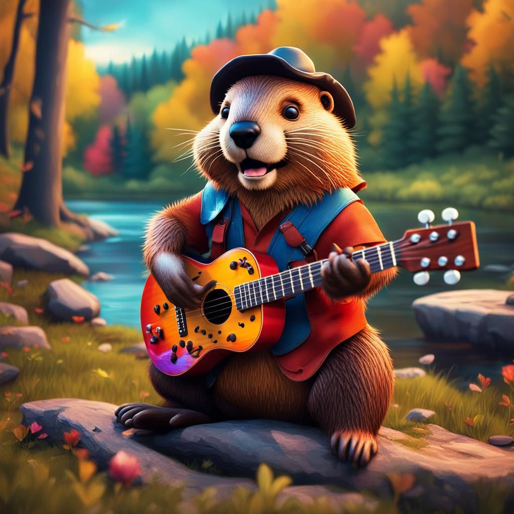 Rocker Beaver Guitarist in Vibrant Woodland Scene