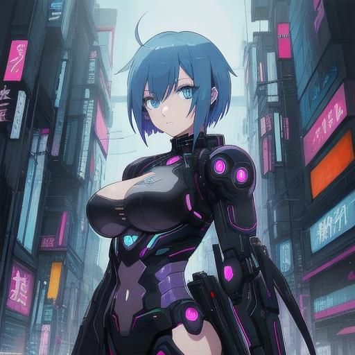 Cyberpunk Girl with Blue Eyes in Anime Style