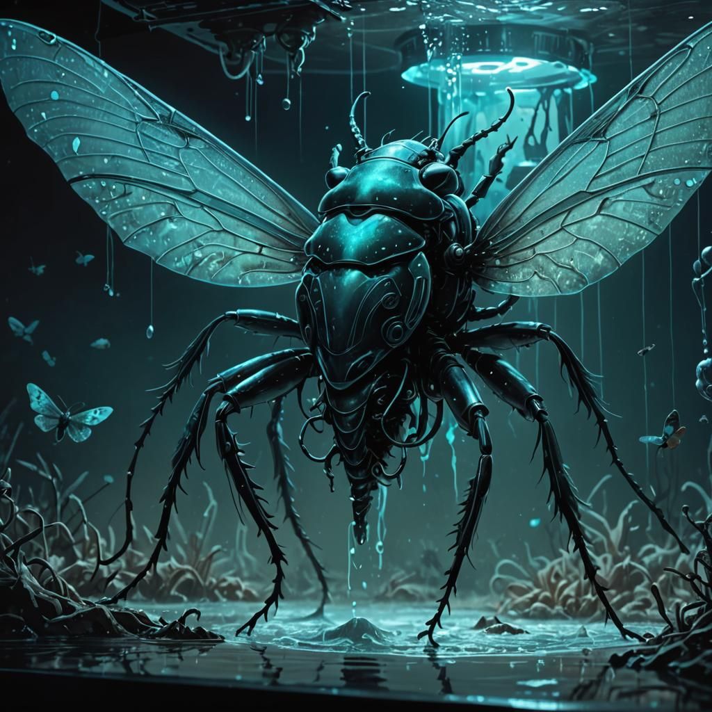 Monstrous Insect Navigating Bioluminescent Aquatic Tank