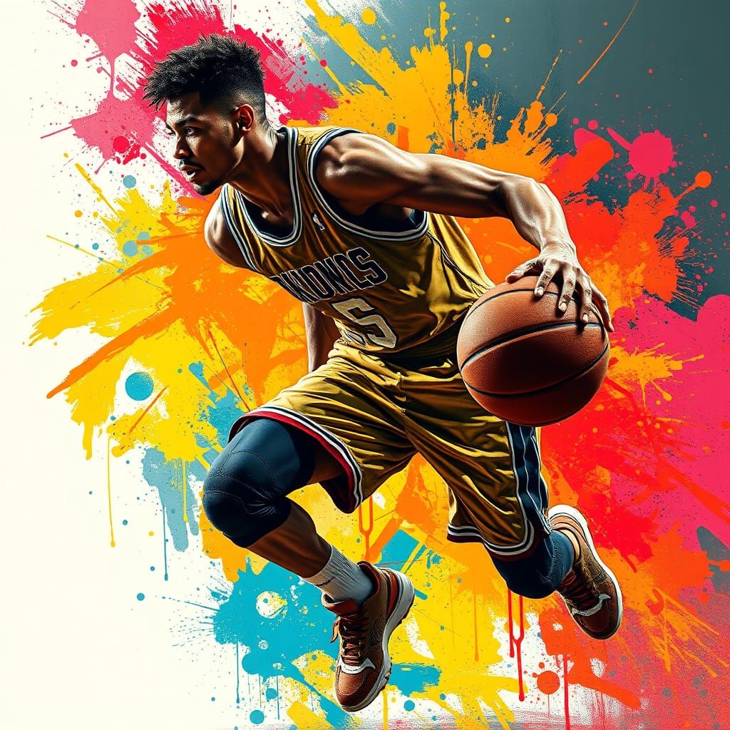 Basketball Player in Dynamic Motion: Splash Art Style